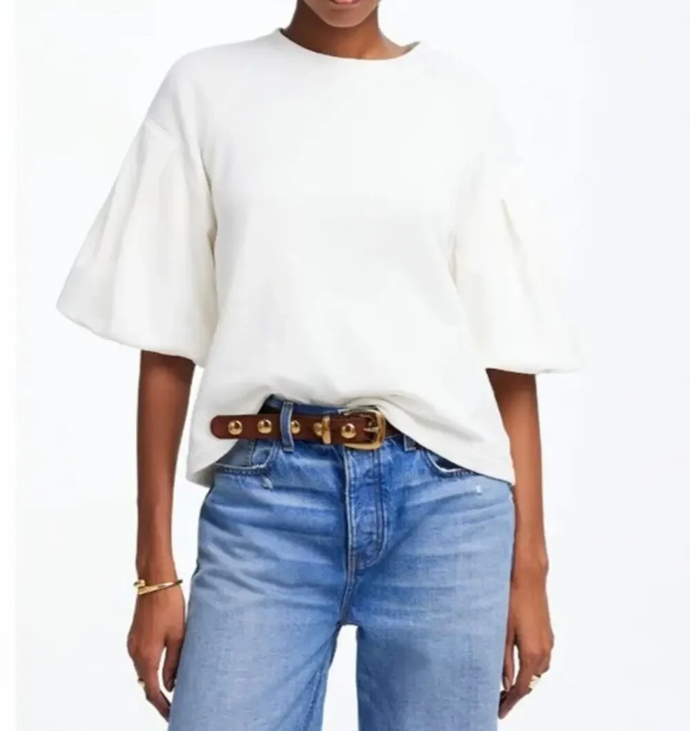 Madewell Puff-Sleeve Sweatshirt Tee Womens S Cream Cotton-Blend Fleece Crew Neck